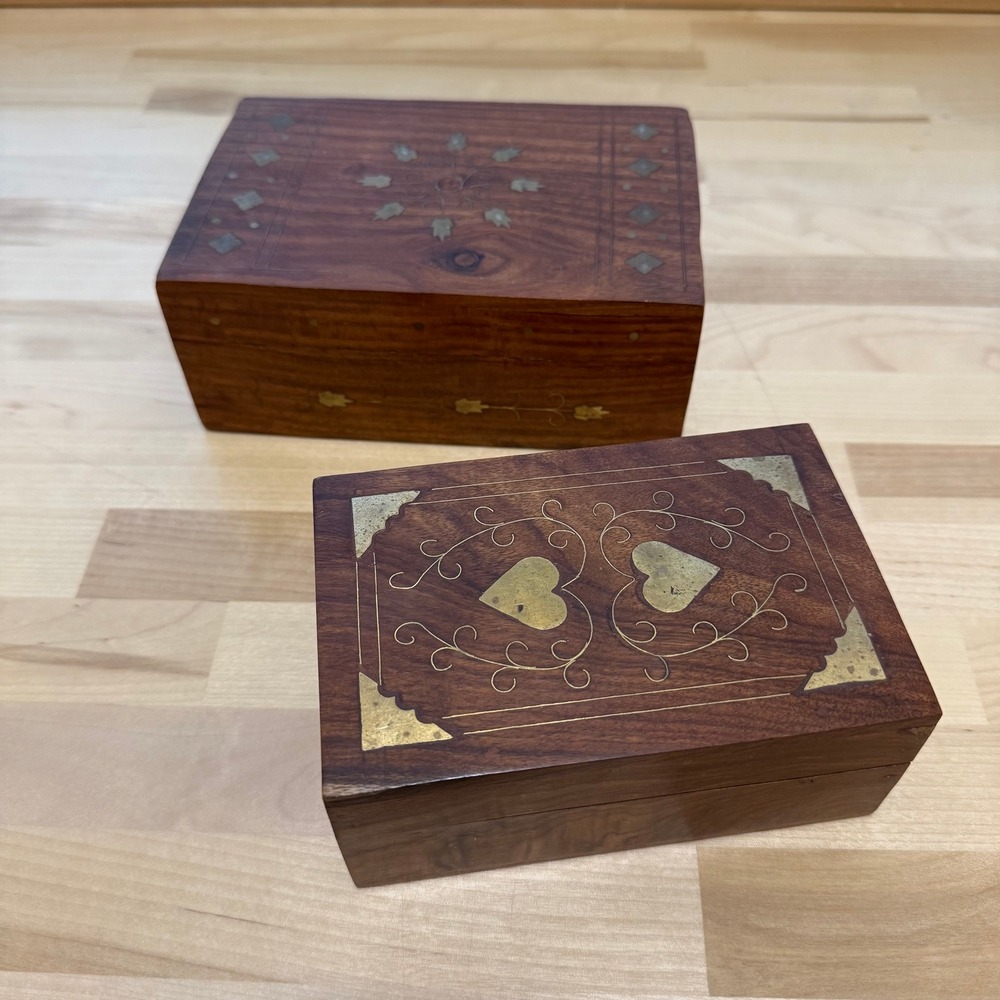 Vintage Wooden Brass Inlaid Boho‎ Hinged Velvet Lined Trinket Boxes Lot of 2